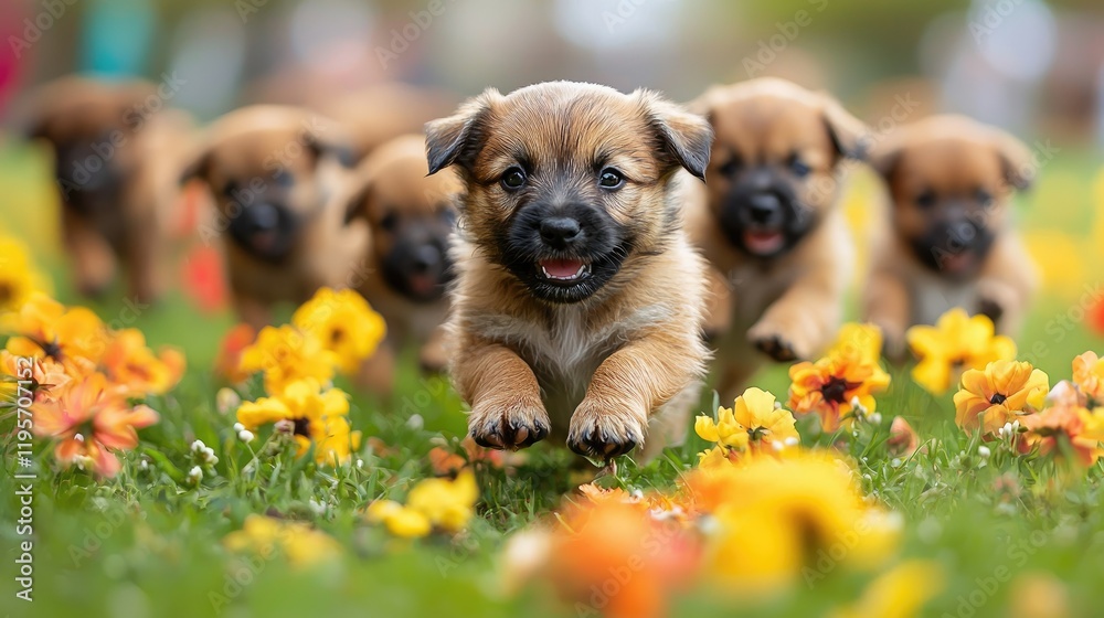 Adorable Puppies Running Through Spring Flowers Adorable Puppies Running Through Spring Flowers