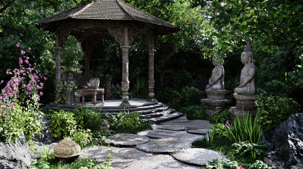 Serene garden gazebo with Buddha statues, peaceful setting, stone path, meditation Serene garden gazebo with Buddha statues, peaceful setting, stone path, meditation