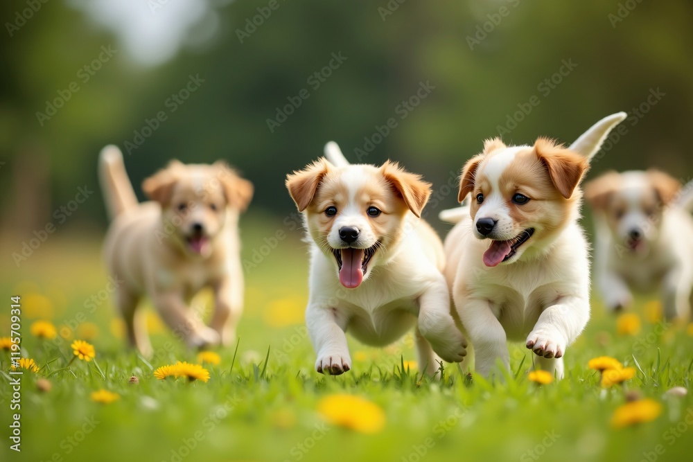 Photograph playful puppies in a lush green field, their tails wagging as they run and jump. Soft, natural lighting highlights their joyful expressions, creating a carefree and fun scene Photograph playful puppies in a lush green field, their tails wagging as they run and jump. Soft, natural lighting highlights their joyful expressions, creating a carefree and fun scene