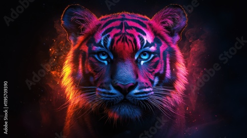 Vibrant Tiger Portrait with Mystical Glow and Intense Expression Captured in Dramatic Lighting, Perfect for Wildlife and Nature Enthusiasts