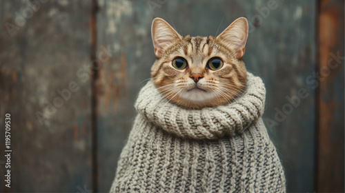 A cat in a ridiculously large sweater or shirt, looking uncomfortable or slightly amused.  photo