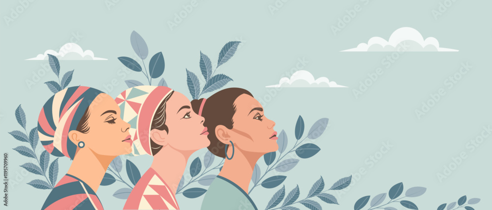 Fototapeta premium Banner with different portraits of women. Women's Day, Feminism Day, Equality Day. Postcard for Women's holidays.