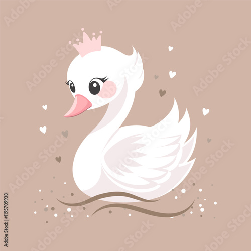 Cute white swan with pink crown on beige background. Children's illustration, postcard, template for congratulations.