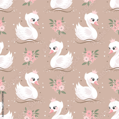 Seamless pattern with little swans and flowers on a beige background. Cute background for decorating a nursery bedroom. Print