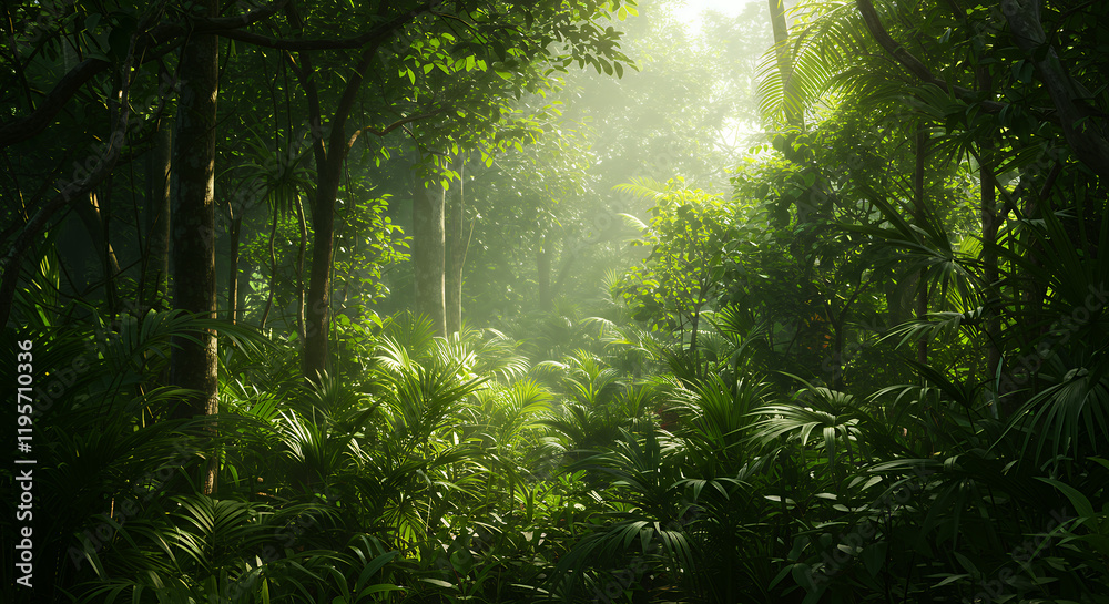 Obraz premium Lush Sunlight Dappled Rainforest Jungle Scene