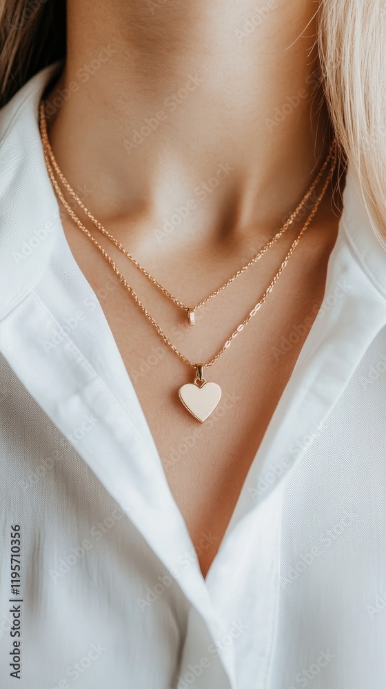 A young girl's neck adorned with a golden heart pendant is highlighted by her stylish white blouse on a warm day outside A young girl's neck adorned with a golden heart pendant is highlighted by her stylish white blouse on a warm day outside
