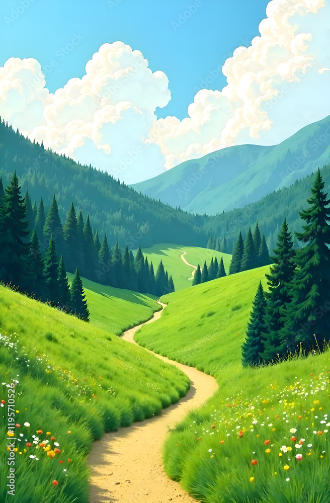 Relaxing hand drawn PC wallpaper design. A peaceful landscape features a winding path through green grass and majestic mountains under clear blue skies