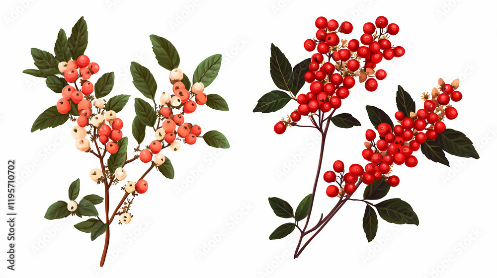 Fototapeta premium Set of pyracantha coccinea (scarlet firethorn) and clethra alnifolia (the coastal sweetpepperbush) frontal isolated png on a transparent background perfectly cutout. Firethorn. Illustration
