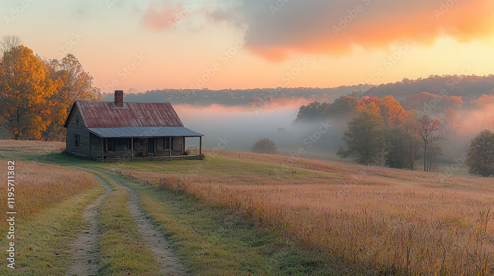 Serene Morning View: Foggy Fields and a Rustic Rural Homestead at Sunrise Serene Morning View: Foggy Fields and a Rustic Rural Homestead at Sunrise