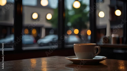 Coffee Coffee cup on a table with a blurred window and warm ambient lights behind. 