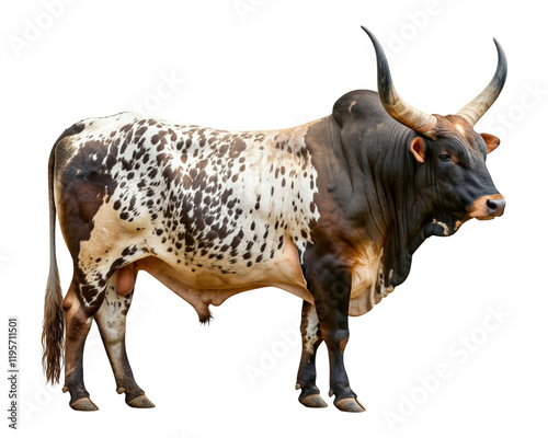 A full body side view of a Nguni bull with distinctive piebald coat markings, set against a clean white background. photo