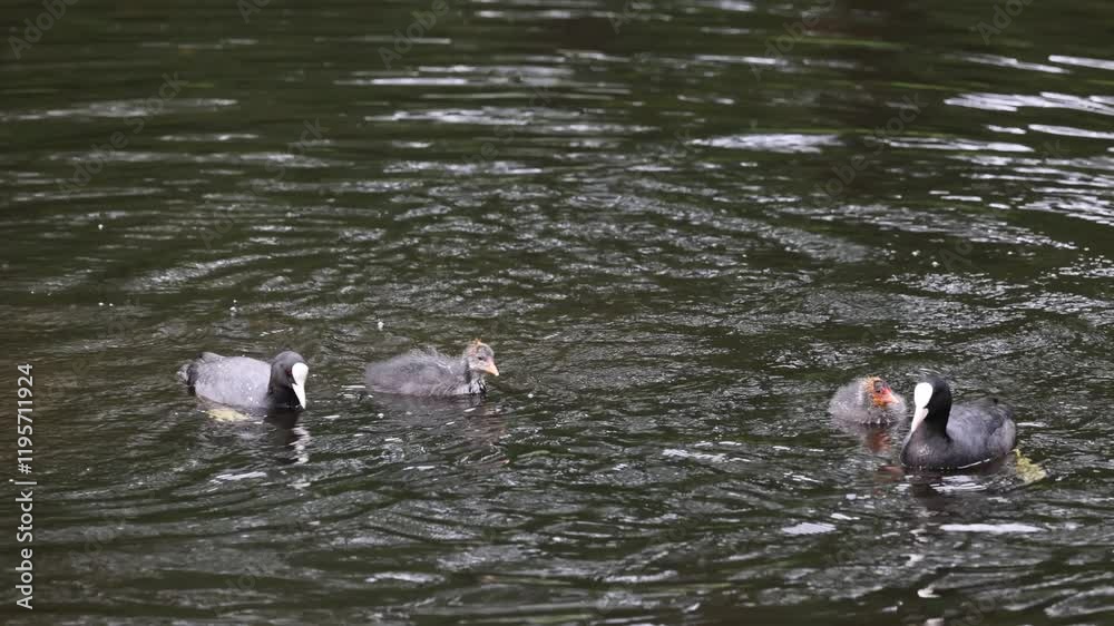A tranquil scene of a family of coots swimming together in calm waters. The adults lead their fluffy chicks, creating a touching moment in nature. Ducks feed their young. A tranquil scene of a family of coots swimming together in calm waters. The adults lead their fluffy chicks, creating a touching moment in nature. Ducks feed their young.