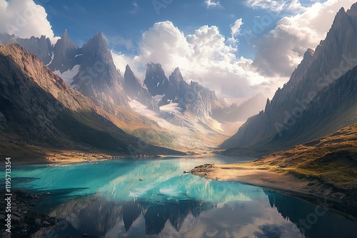 A dramatic view a glacier-carved valley with jagged peaks and a turquoise lake reflecting the sky photo