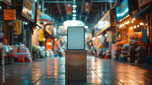 A simple empty podium with a mockup board in a bustling fruit market, perfect for product promotions or announcements. photo