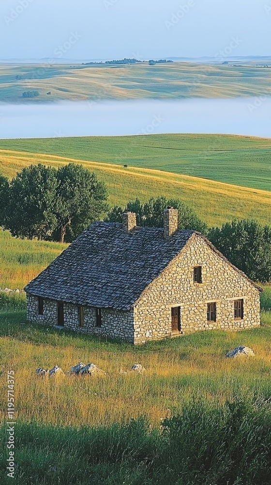 Serene Morning View: Foggy Fields and a Rustic Rural Homestead at Sunrise Serene Morning View: Foggy Fields and a Rustic Rural Homestead at Sunrise