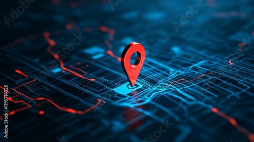 Red location pin showing destination on illuminated futuristic navigating map with blue and red light trails, representing global positioning system and online maps photo