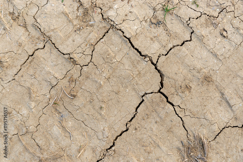 Trozo de tierra seca por ausencia de agua por la sequía con grietas. photo