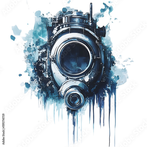Steel Diving Helmet Watercolor Splash Art Design Graphic ink blue mask dark cold cool retro image   