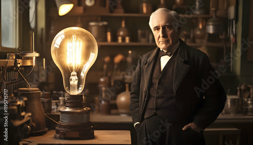 Thomas Edison, the famous inventor, in his workshop with a large light bulb glowing in the background