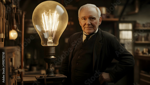Thomas Edison, the famous inventor, in his workshop with a large light bulb glowing in the background