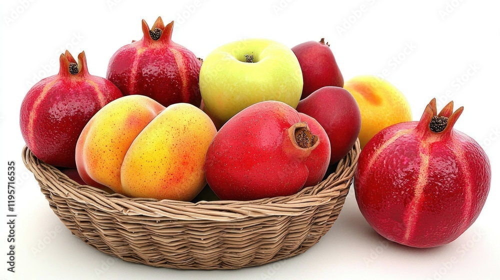 Fruit basket; pomegranates, apples, peaches; white background; healthy food Fruit basket; pomegranates, apples, peaches; white background; healthy food