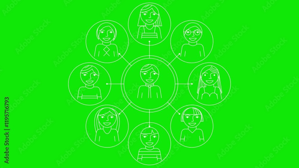 Animated white line symbol of management. Concept of teamwork, leader, workflow. Linear info-graphics of boss and employees. Symbol of team is drawn. Vector illustration isolated on green background. Animated white line symbol of management. Concept of teamwork, leader, workflow. Linear info-graphics of boss and employees. Symbol of team is drawn. Vector illustration isolated on green background.