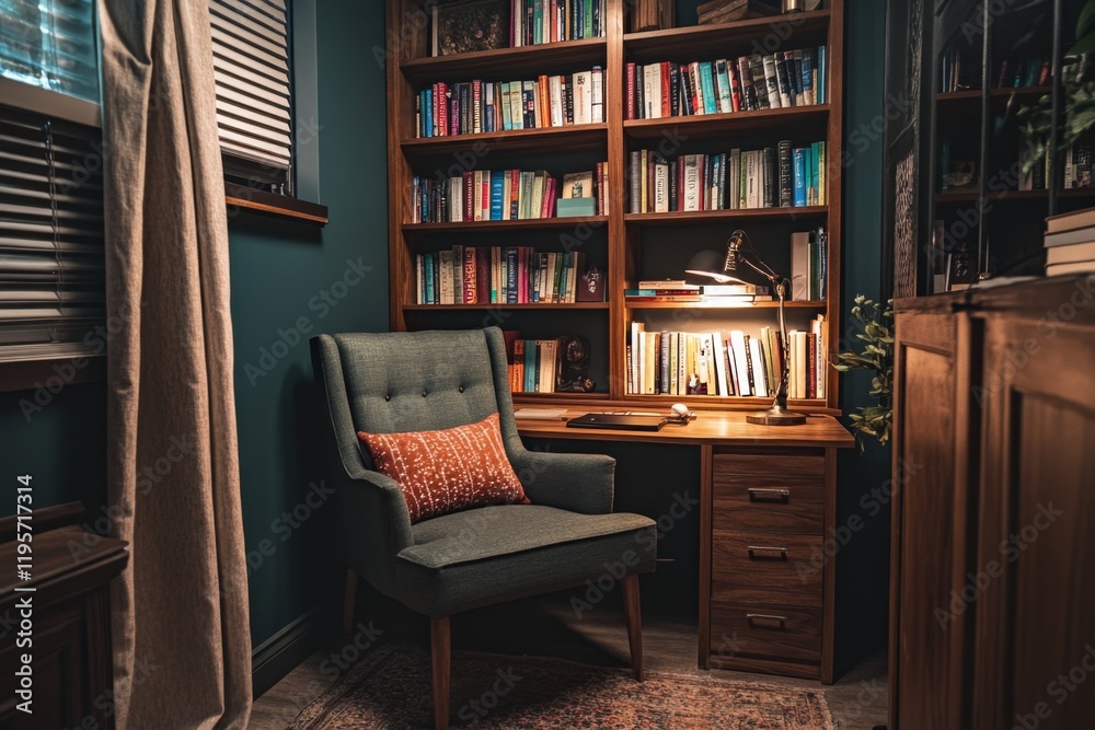 Cozy Home Office Nook with Bookshelf and Chair Cozy Home Office Nook with Bookshelf and Chair