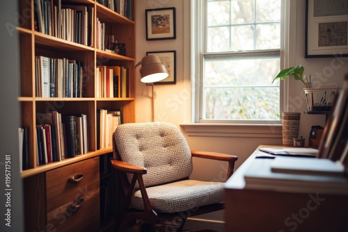 Cozy Reading Nook with Bookshelves and Chair photo