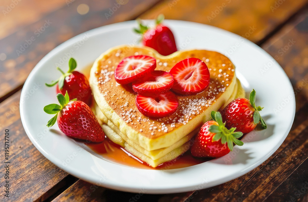 Stack of fluffy pancakes with syrup on white plate, decorated with strawberry on wooden table. Homemade present for Saint Valentine day. Copy space. Stack of fluffy pancakes with syrup on white plate, decorated with strawberry on wooden table. Homemade present for Saint Valentine day. Copy space.