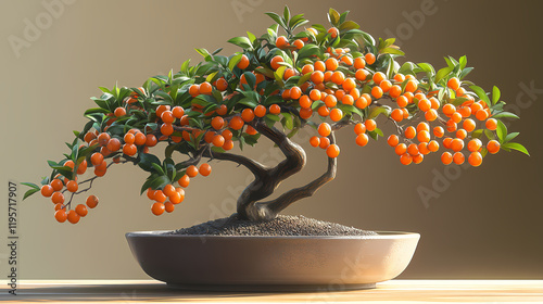 Hardy firethorn bonsai laden with glossy een leaves and orange berries clean minimalism dramatic rim. Firethorn. Illustration photo