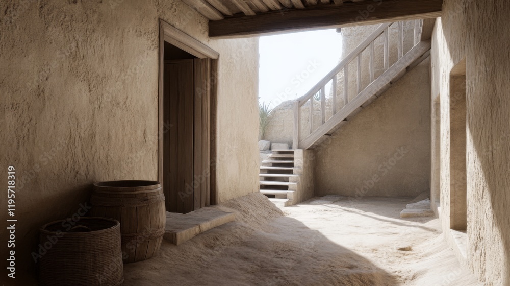 Sunlit courtyard with wooden stairs, barrels, and sand. Sunlit courtyard with wooden stairs, barrels, and sand.