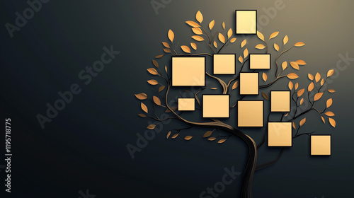 An autumn wood, with orange leaves on and under the tree, with frames for photos or images on it. genealogical family tree template with blank empty cells on..... background, personal history