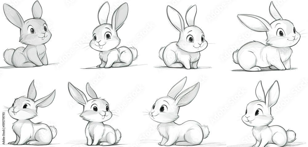 Cute cartoon rabbits in various poses showcasing their playful nature and charm in black and white sketches Cute cartoon rabbits in various poses showcasing their playful nature and charm in black and white sketches