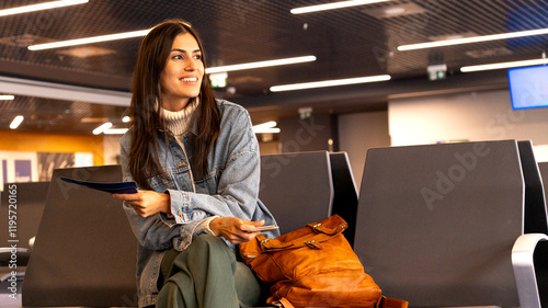 A woman waits at the airport, looking aside excited and holding her boarding pass and passport, with a bag close by. photo