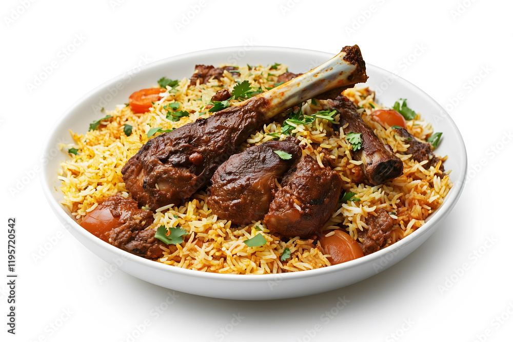 Fototapeta premium Traditional Goat Legs Kabuli Biryani Dish, Isolated on a White Background for Use in Product Banners, Marketing Promotions, and Decorative Covers.