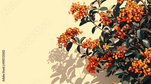 Beautiful pyracantha bush with bright orange berries in living coral shadow - candid photography inspiration. Firethorn. Illustration photo