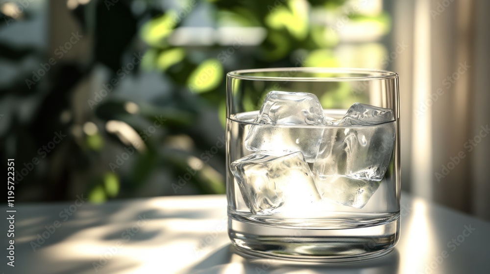 Refreshing glass of ice water sits on a table surrounded by lush greenery in bright sunlight. Generative AI Refreshing glass of ice water sits on a table surrounded by lush greenery in bright sunlight. Generative AI