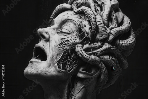 Screaming medusa head with tentacles growing from scalp in monochrome photo