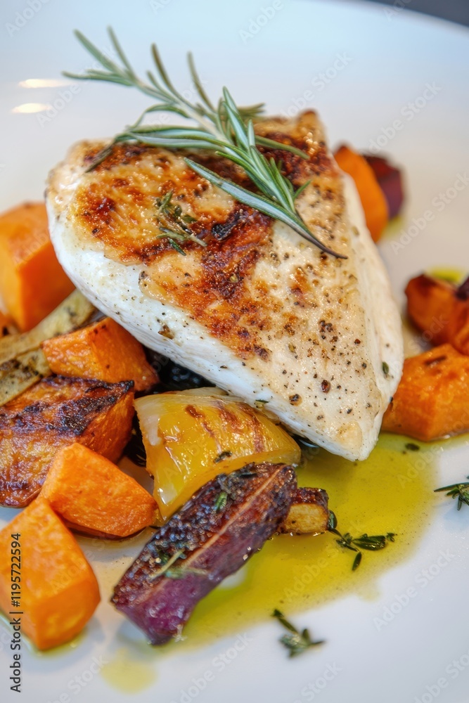 Grilled Chicken Breast with Roasted Vegetables on a White Plate Grilled Chicken Breast with Roasted Vegetables on a White Plate