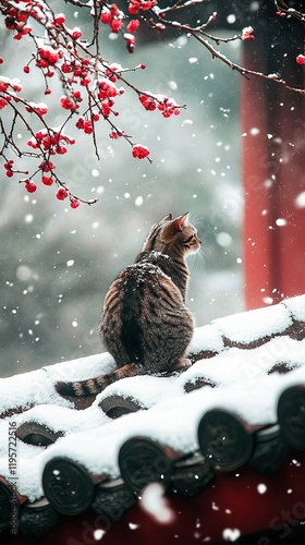   A feline perched atop a rooftop blanketed in white snow, adjacent to an arboreal red-berry laden branch photo