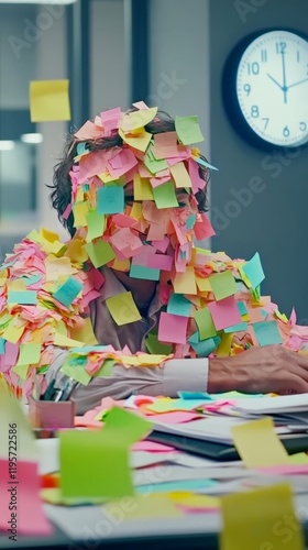 Office overwhelm: man buried in colorful sticky notes at work desk