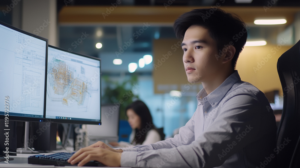 Young professional asian engineer sitting in modern office. Computer screen, which displays 3D modeling software, construction projects. Office environment, other colleagues working at desk. Chinese, Young professional asian engineer sitting in modern office. Computer screen, which displays 3D modeling software, construction projects. Office environment, other colleagues working at desk. Chinese,