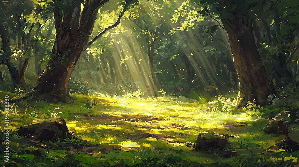 Obraz premium A forest clearing with a soft carpet moss, illuminated by beams golden sunlight