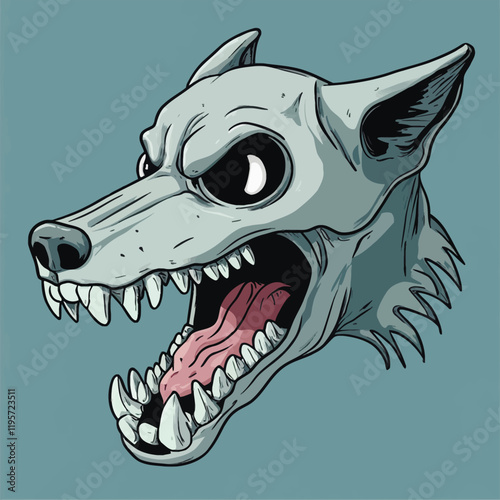 Color illustration of a ferocious howling dog skull conveying angry emotions and deep details. Aggressive dog showing dangerous teeth. Evil animal. Grin of an angry dog. Vector illustration.