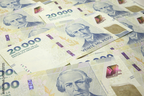 Argentine Money, Currency of Argentine, Pesos argentinos, various bills.Twenty thousand cash bills