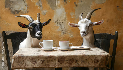 Two goats enjoying a cup of coffee at a table