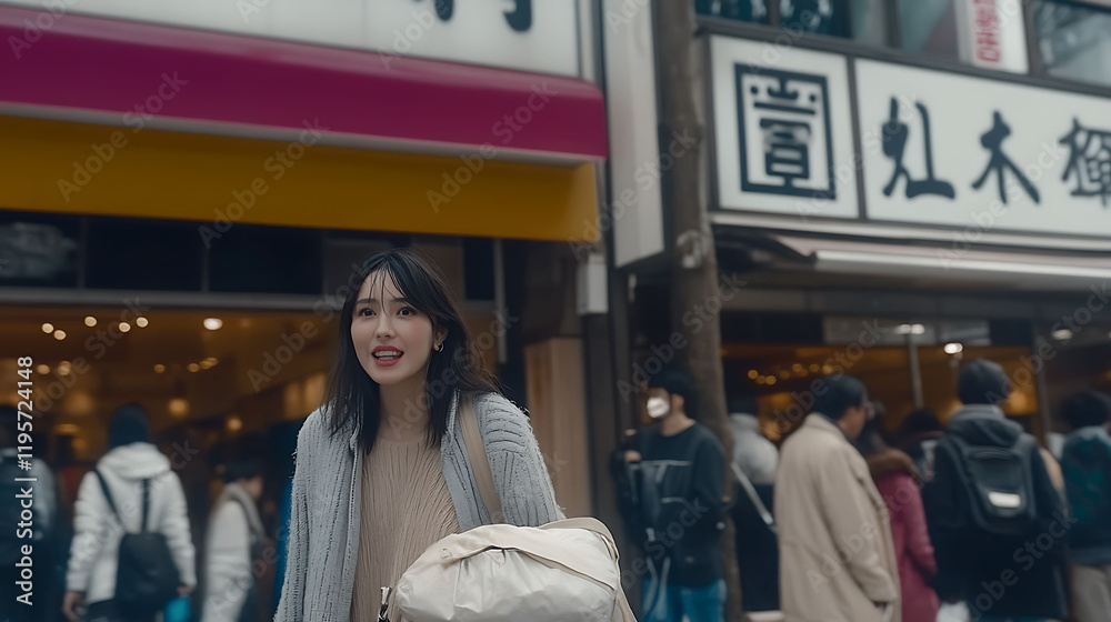 Fototapeta premium Stylish young woman strolling through a bustling Asian city street, carrying a stylish tote bag. The image evokes a sense of urban exploration and independent travel.