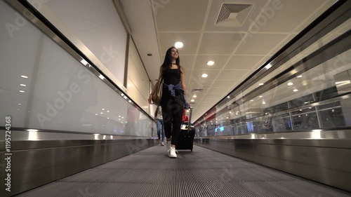 Young woman tourist with suitcases walking and smiling in the hall of an airport. Woman on a walkway escalator inside the airport, showcasing an international logistics and travel hub.