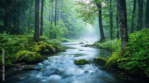 A forest river with green plants growing along the banks, and a misty atmosphere surrounding the area