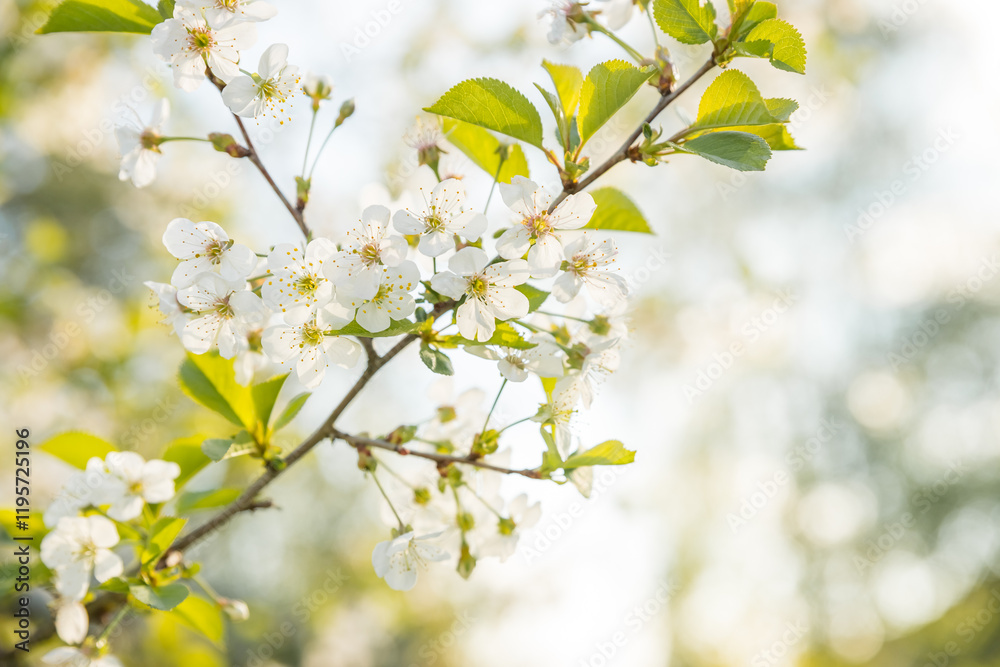 Fototapeta premium Blooming pear, white pear flowers. Blooming tree branches. Spring banner. Design for Easter day.springtime blossom freshness.